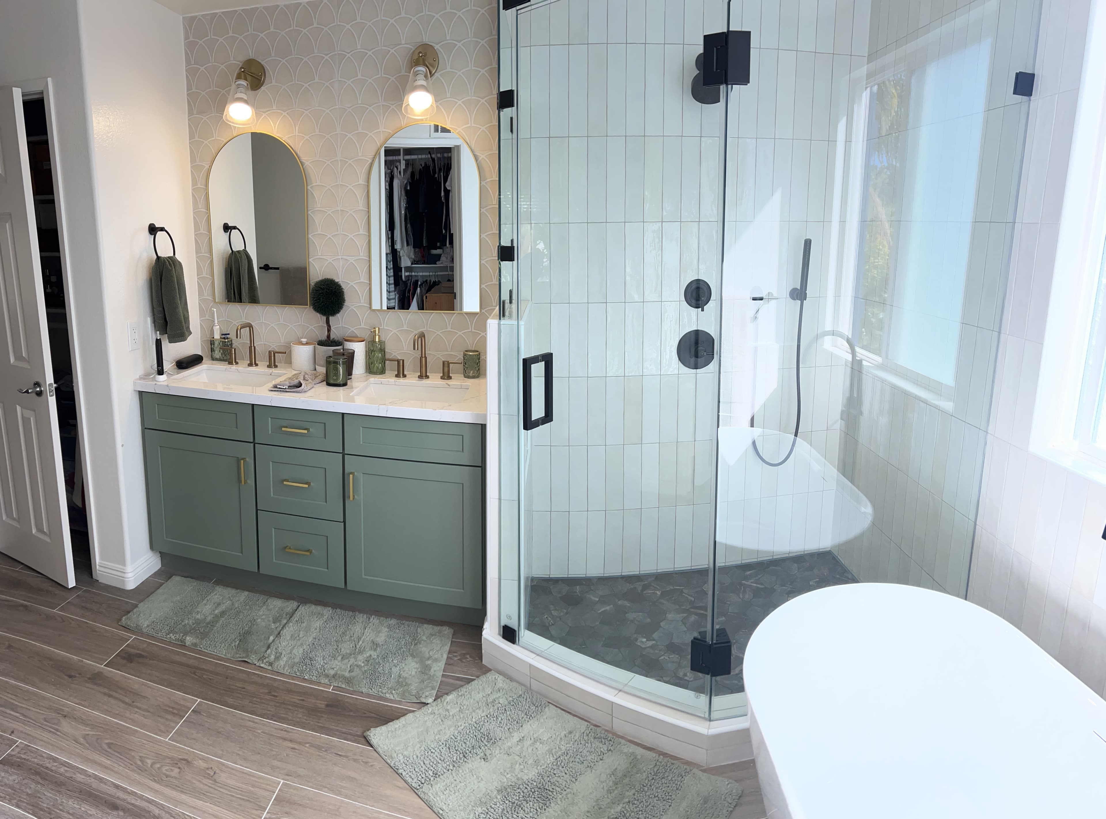 Master bathroom with walk-in shower and soaking tub
